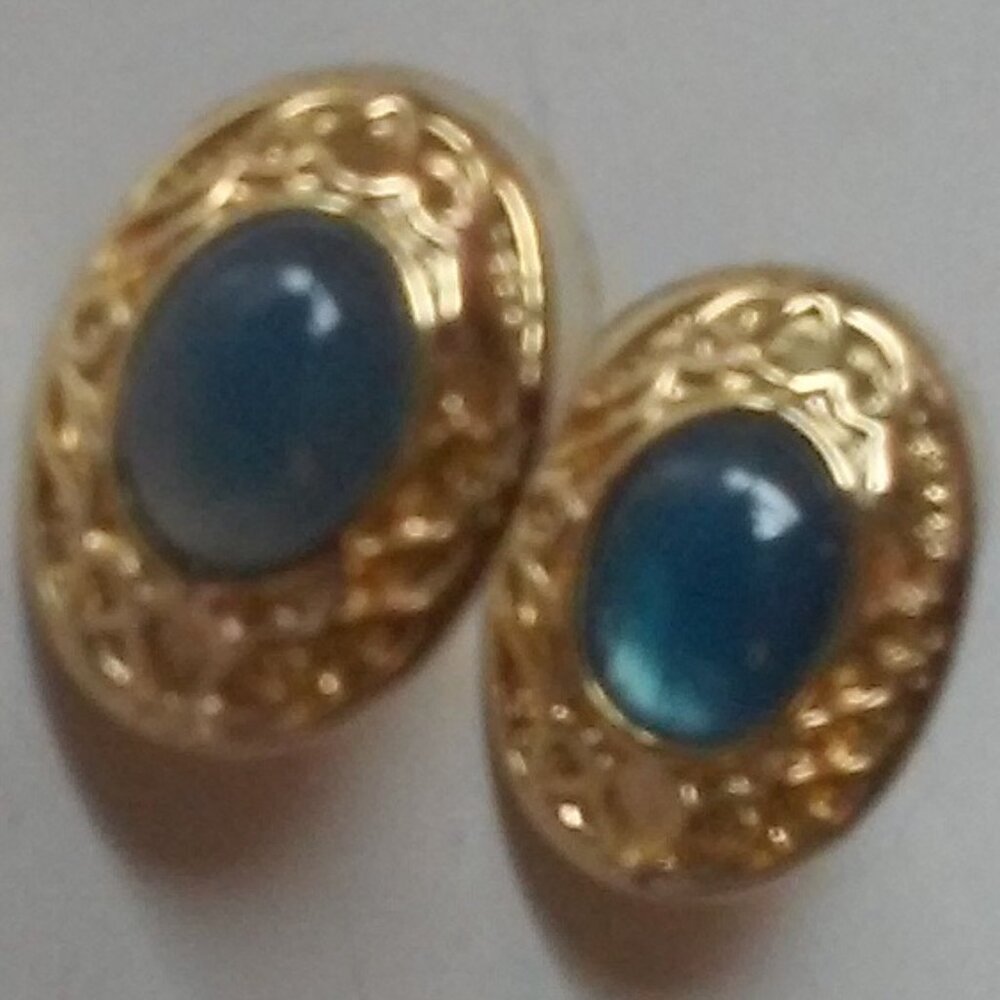 Gold Light Blue Pierced Earrings Very Light Weight 5/8" x 1/2"